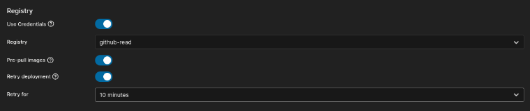 Portainer edge stack creation step showing the configured registry selected for authentication.