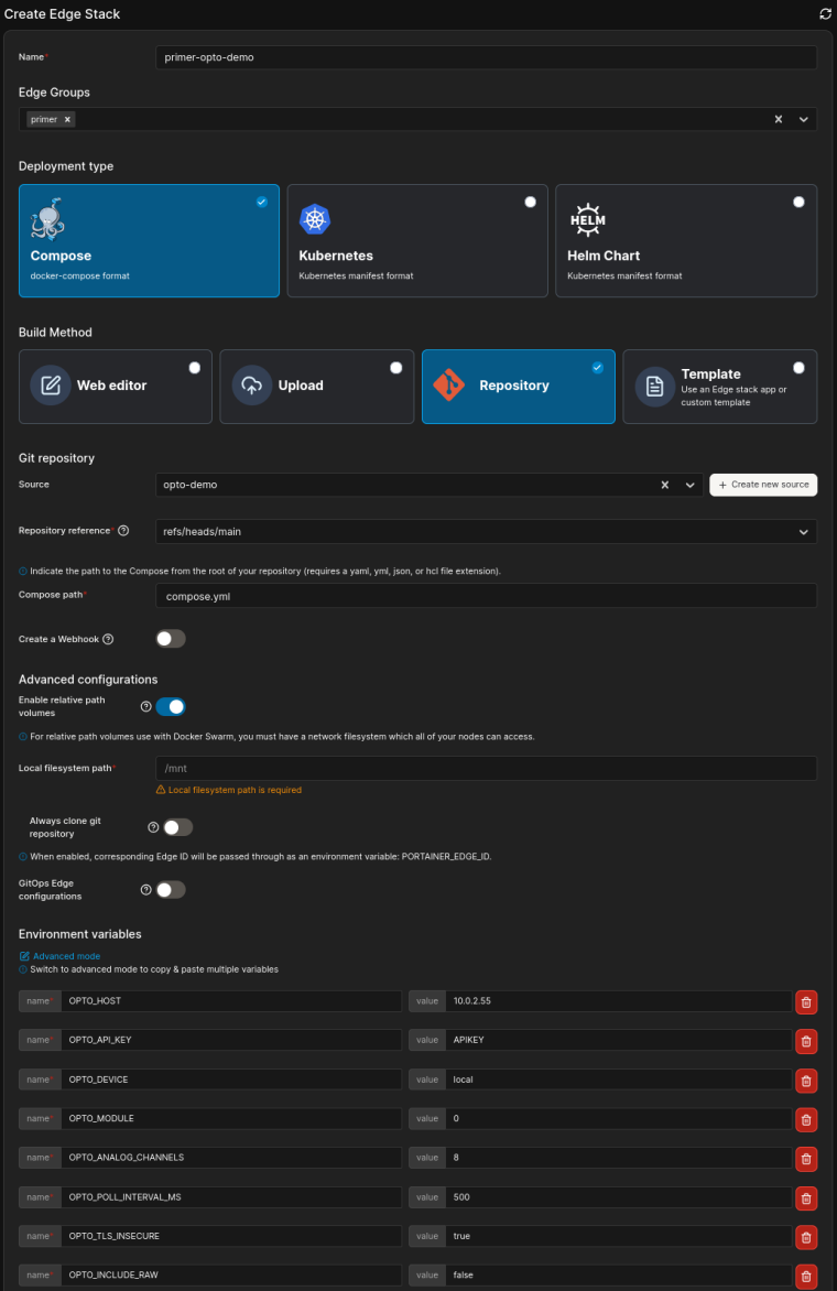 Portainer edge stack creation screen showing the imported environment variables.