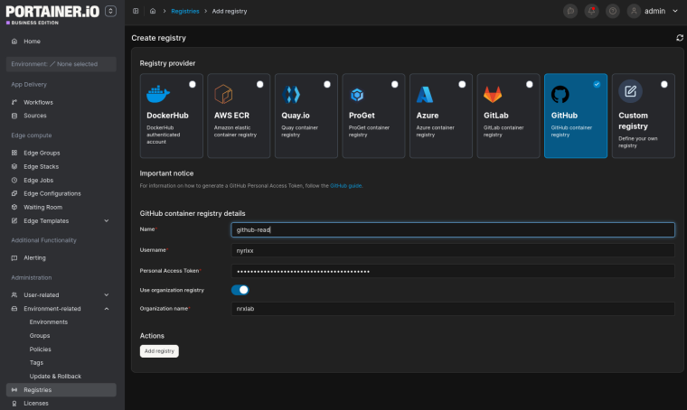Portainer Create registry form with the GitHub provider selected.